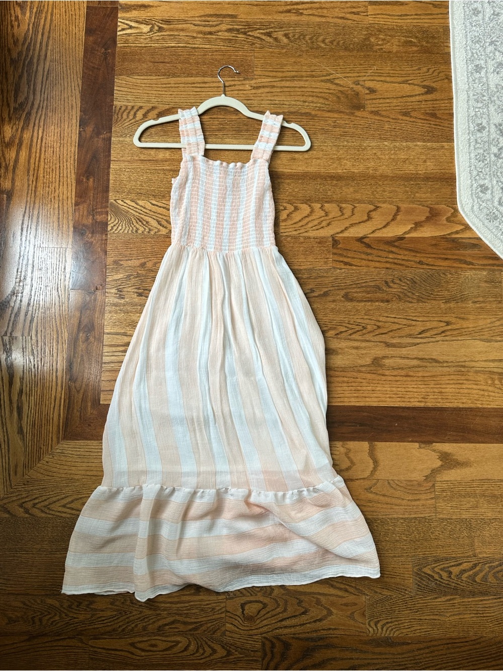 Smocked Midi Sundress in Pink and White Stripes